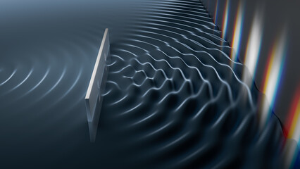 Double-slit experiment in physics. Quantum physics and particle-wave duality concept. 3D rendered illustration.