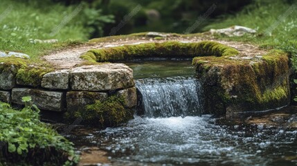 Fototapeta premium A small waterfall cascades over a mossy stone wall into a clear pool of water.