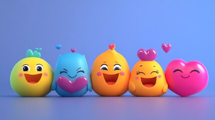 A group of five happy cartoon emojis with hearts.