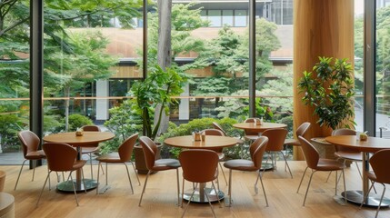 Modern Cafe Interior with Large Windows and a View of Greenery