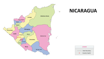 Nicaragua Map. State map of Nicaragua. State map of Nicaragua in colour with capital.