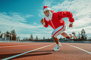 Santa Claus sprinting on a track, showing athletic skills and embracing fitness with determination. A sporty twist on Christmas spirit as he races towards goal