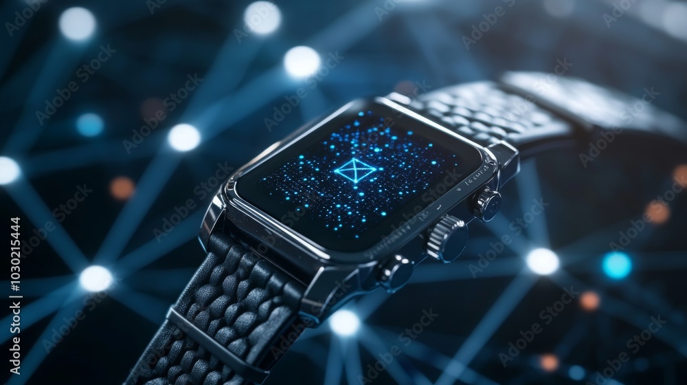 Poster the sleek smartwatch features a vibrant digital display showcasing a blue geometric pattern. it is p