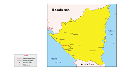 Nicaragua Map. Major cities in Nicaragua. Political map of Nicaragua with border and neighbouring countries.
