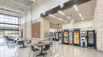 Modern Office Breakroom with Vending Machines and Seating