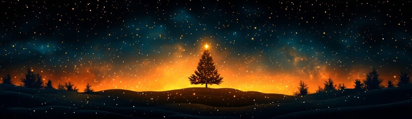 Fototapeta premium Isolated golden Christmas tree against a night sky background.