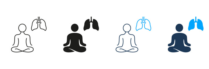 Person Do Yoga, Deep Breath Exercise Line and Silhouette Icon Set. Mindfulness Pictogram. Relaxation, Wellness Symbol. Human Lung and Lotus Pose. Editable Stroke. Isolated Vector Illustration