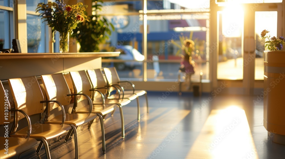 Poster sunlit waiting area with empty chairs and a blurred person in the background