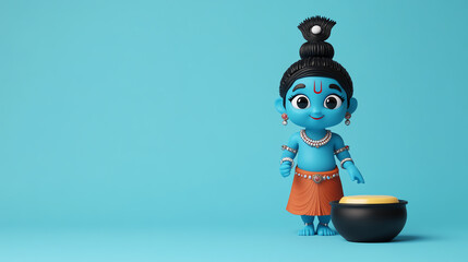 Obraz premium A cute animated character with blue skin, wearing traditional attire, standing beside a pot against a bright blue background.