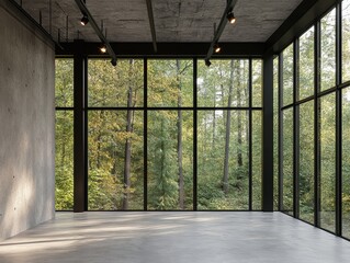 An industrial loft style vacant room with a blank concrete wall 3d render. The room has polished concrete floors and walls, a black steel structure, and large windows to enjoy the surroundings.