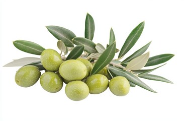 Olive leaves and close-up of olives on white background