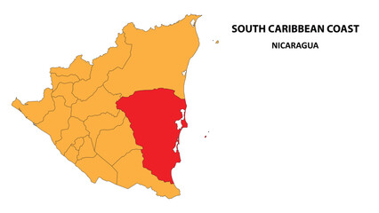 South Caribbean Coast Map is highlighted on the Nicaragua map with detailed state and region outlines.