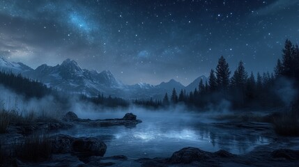 Fototapeta premium A serene mountain lake with misty fog and a starry night sky.