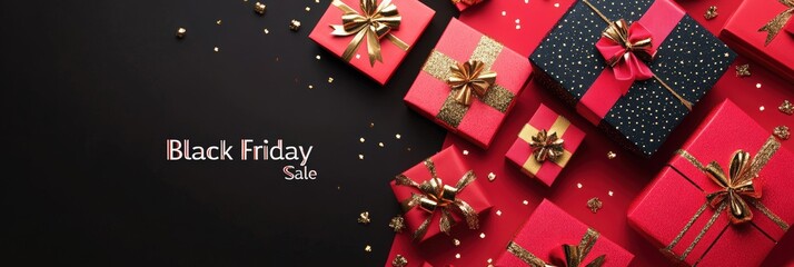 Naklejka premium Black Friday colorful banner with golden bows and present boxes on a red background. shopping promotion or special offer. advertising, web, and social media promotion of a Black Christmas sale event.