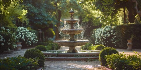 Beautifully manicured garden path with topiary and vibrant flowers during sunset