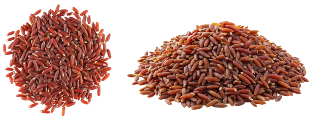 Piles of uncooked French red rice grains isolated on transparent background, raw food ingredient for healthy cooking, whole grain, side view and top view