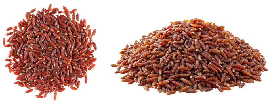 Piles of uncooked French red rice grains isolated on transparent background, raw food ingredient for healthy cooking, whole grain, side view and top view