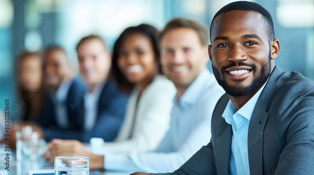 Poster group of business owners meeting with a financial consultant to discuss growth strategies stock phot