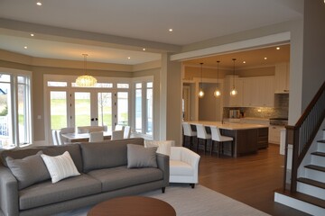 New house with open concept floor plan. Kitchen features large island, hardwood floors, stainless steel appliances, and modern furnishings.