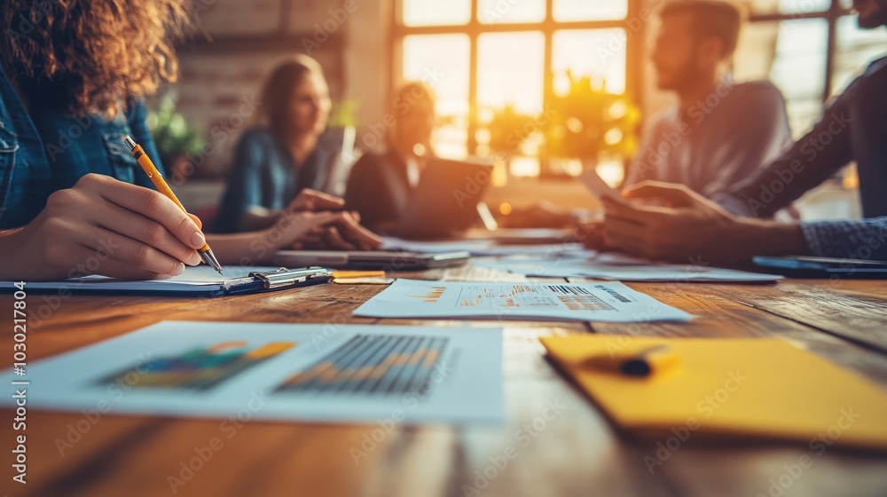 Poster group of business owners meeting with a financial consultant to discuss growth strategies stock phot