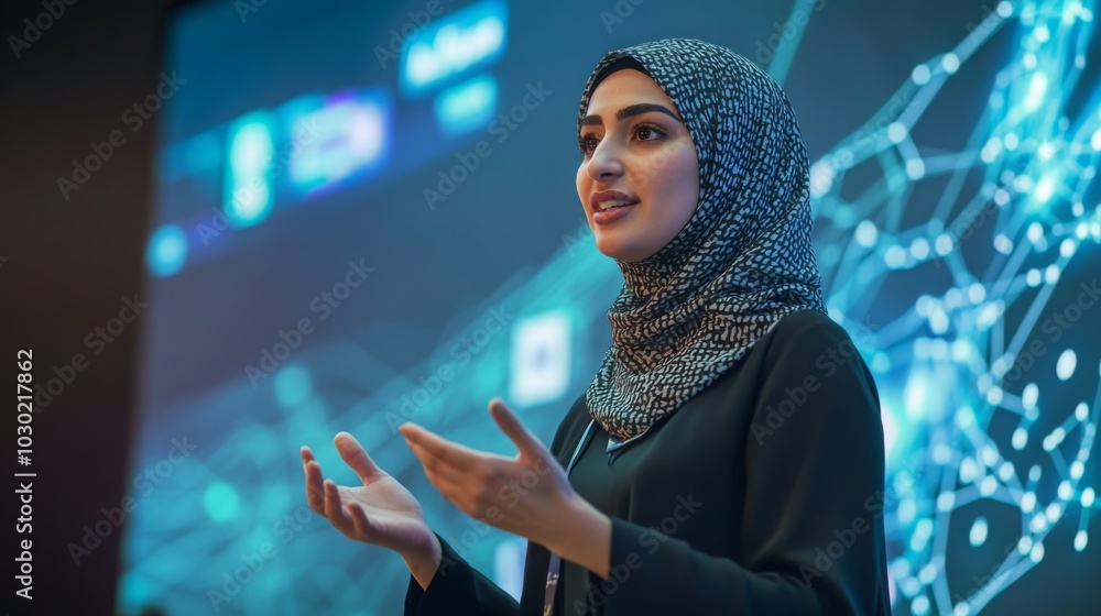 Fototapete a woman in a hijab engages the audience with a talk about technology trends, highlighting data visua