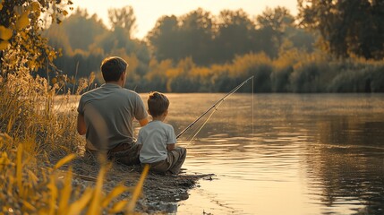 A father and son fish at sunset.