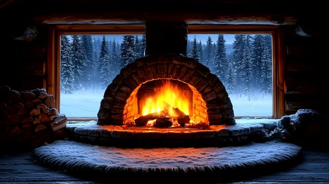 Rustic stone fireplace with a view of a snowy forest through large windows. Seamless looping 4k video background