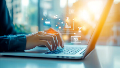 Online Business Concept with Hands Typing on Laptop