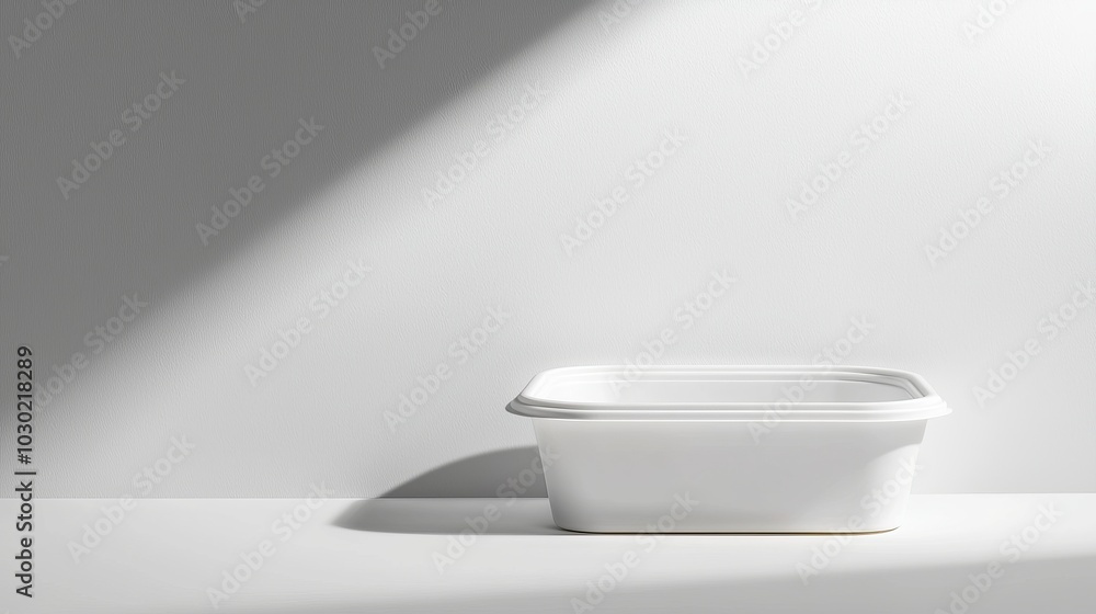 Poster A minimalist, white container sits on a simple surface, illuminated by soft shadowing, creating a serene and clean aesthetic.
