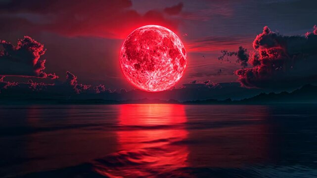 A blood red moon rises over a still body of water, casting an eerie glow on the clouds above