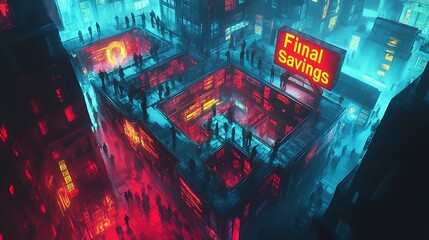 A maze made entirely of price tags, customers navigating towards a glowing “Final Savings” sign, bright light beams and glowing accents, vibrant red, yellow, and blue color scheme,