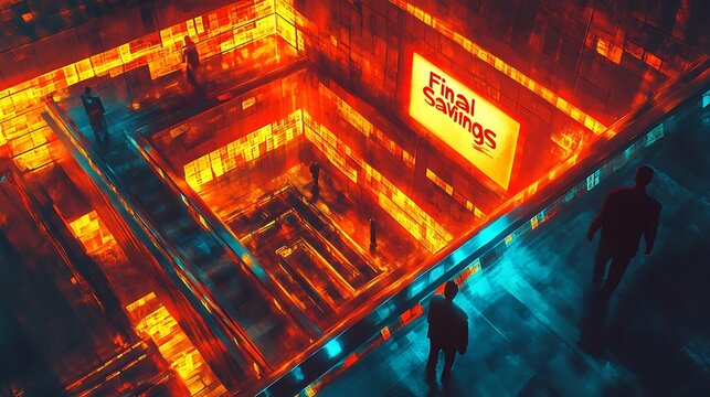 A maze made entirely of price tags, customers navigating towards a glowing “Final Savings” sign, bright light beams and glowing accents, vibrant red, yellow, and blue color scheme,