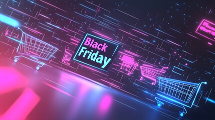 A minimalist vector design of multiple shopping carts racing forward, large glowing &ldquo;Black Friday&rdquo; text, smooth white background, geometric shapes, subtle motion lines,