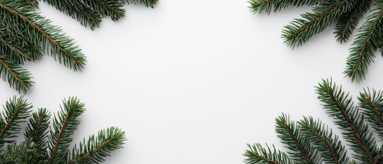 Festive Pine Branches Frame Minimal White Background, A Close Up Christmas Design