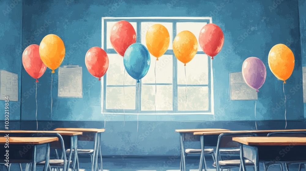 Poster colorful balloons float near a window in an empty classroom.