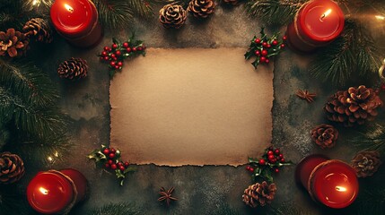 A festive tabletop scene featuring a blank parchment surrounded by red candles, pinecones, and seasonal greenery for holiday decorations.
