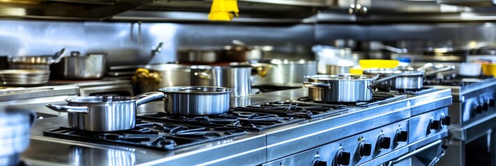 Professional Kitchen Stainless Steel Pots and Pans on Gas Stove with Industrial Hood System