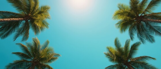 Obraz premium A View Upward Through Palm Trees, Sunny Sky, Tropical Vacation
