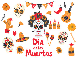 Dia de muertos, day of dead illustration with womens and mens skull, candle, and maracas