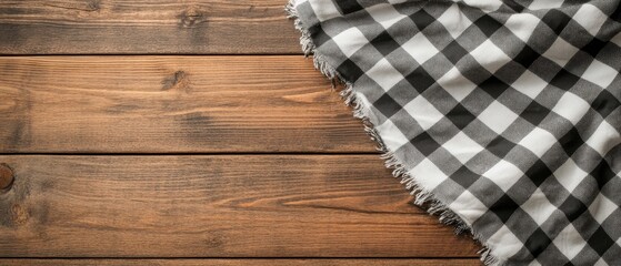 Rustic Wooden Background with Classic Black and White Checkered Tablecloth