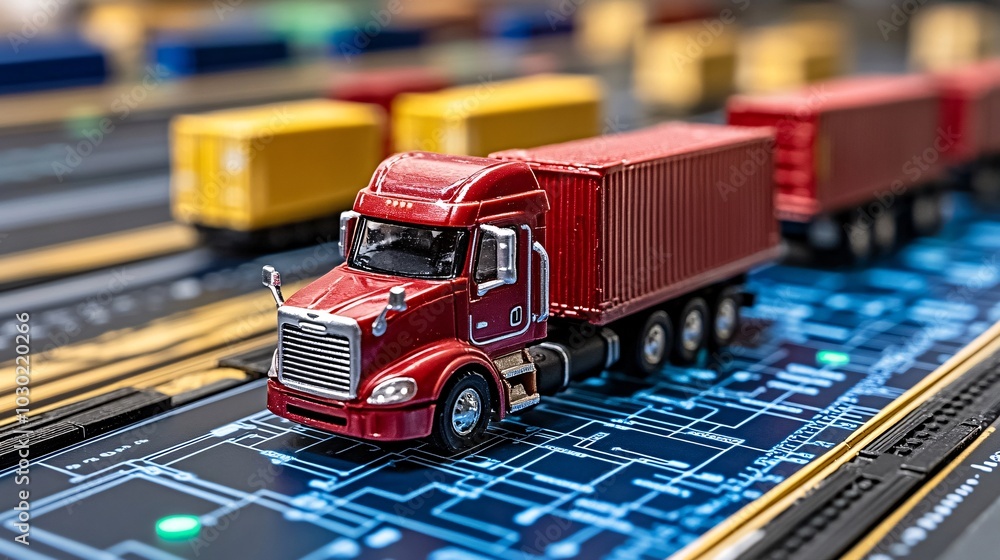 Poster Logistics manager tracking shipments on a digital map in a high-tech control center Stock Photo with side copy space