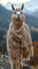 Llama wearing a cozy wool poncho in nature.