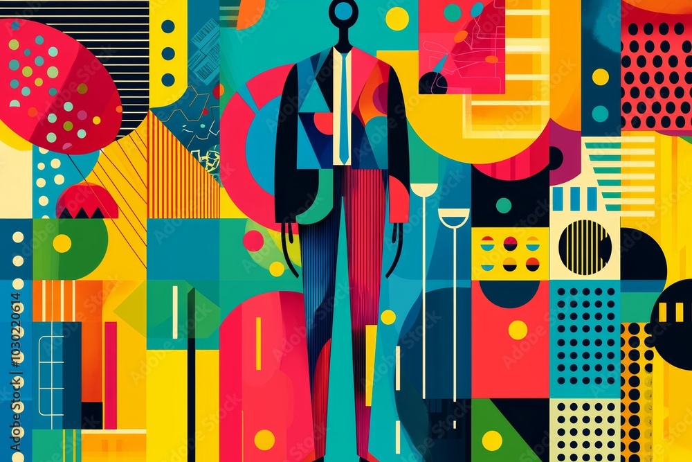 Poster a vibrant abstract design featuring geometric shapes and a silhouette in a colorful composition with
