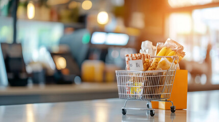 Small shopping cart with groceries on the counter