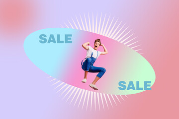 Creative collage picture young man jump celebrate black friday sale discount cheap price bargain...
