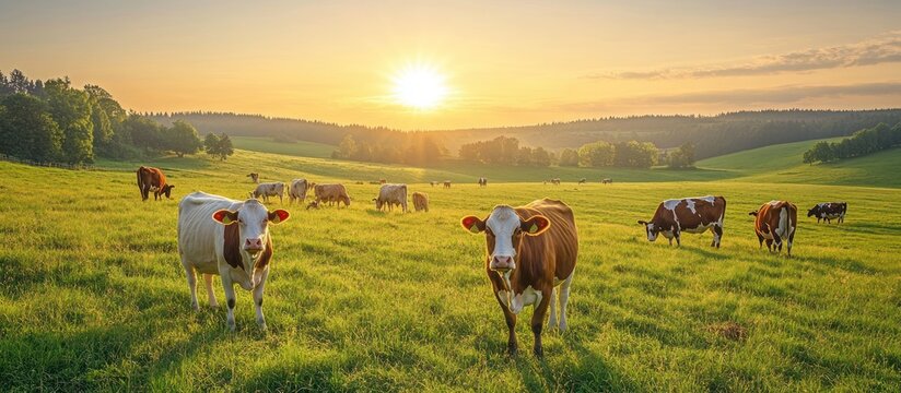 Herd of cows grazing in a lush green field at sunset.