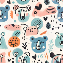 Obraz premium colorful cartoon animal pattern with playful bear and bird