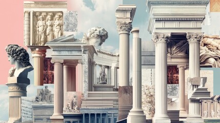 Obraz premium A collage of ancient Greek and Roman architectural details, featuring columns, statues, and friezes.