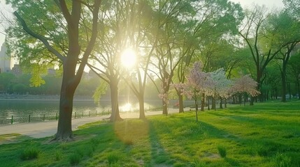 Obraz premium Sunlit Park with Trees and a River