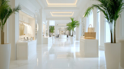 Naklejka premium White Interior with Palm Trees and Gold Bag